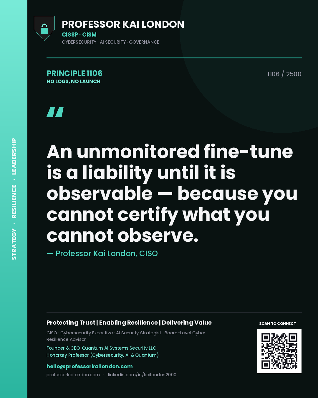 Quote card by Professor Kai London reading 'An unmonitored fine-tune is a liability until it is observable — because you cannot certify what you cannot observe.'. From the book No Logs, No Launch.