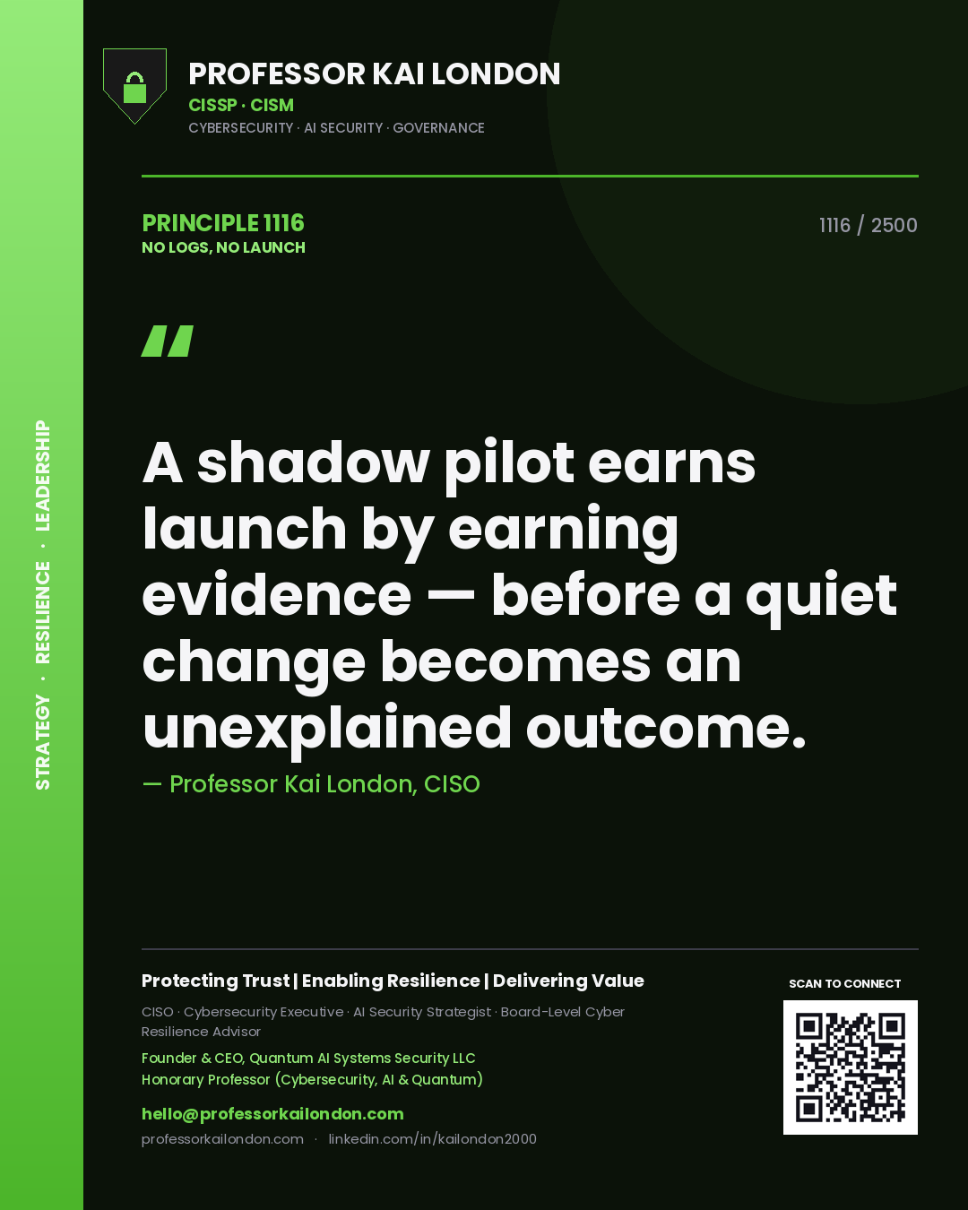 Quote card by Professor Kai London reading 'A shadow pilot earns launch by earning evidence — before a quiet change becomes an unexplained outcome.'. From the book No Logs, No Launch.
