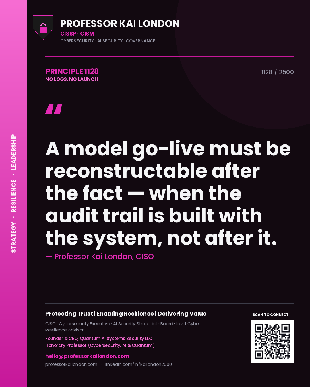 Professor Kai London principle 1128: A model go-live must be reconstructable after the fact — when the audit trail is built with the system, not after it.