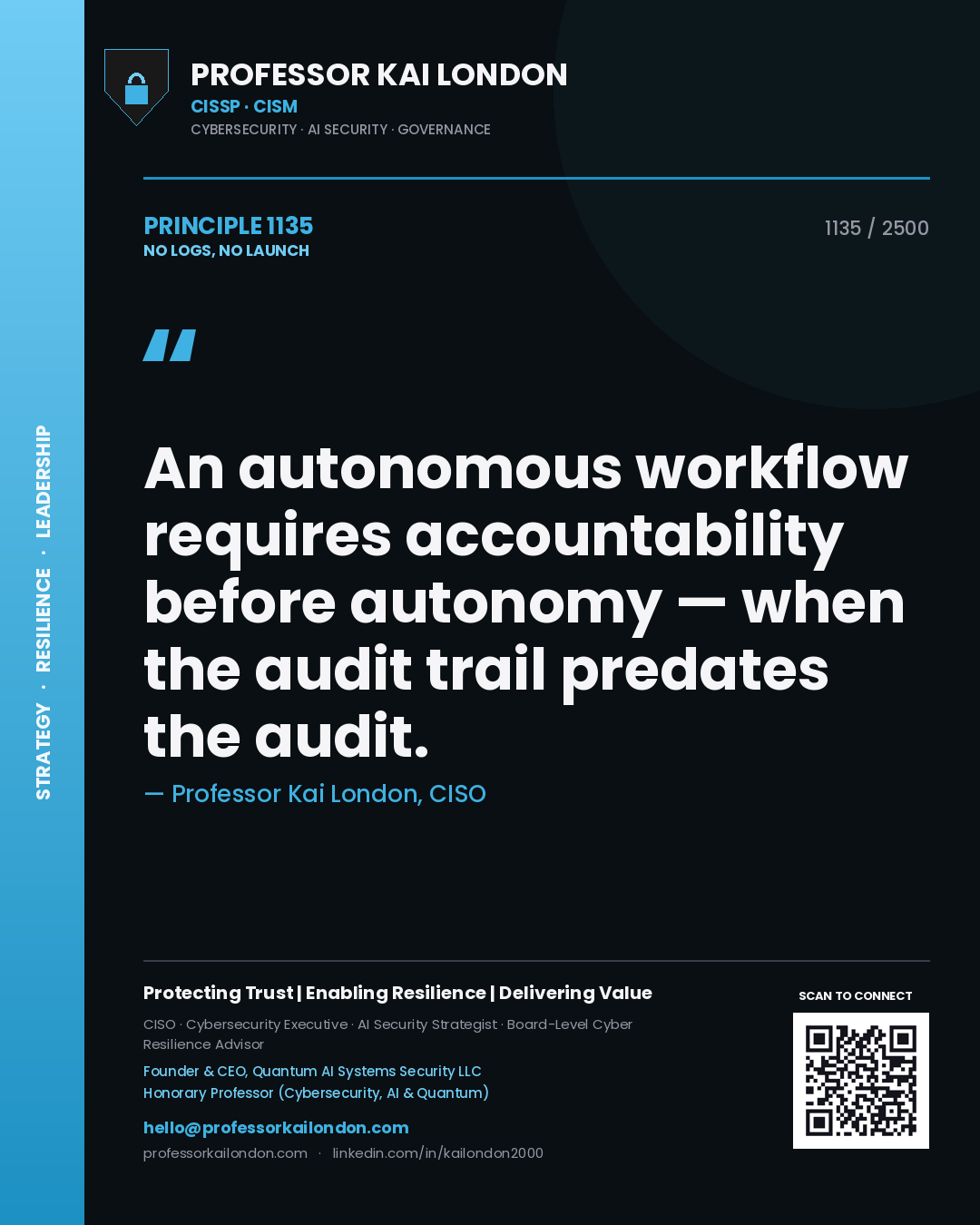 Quote card by Professor Kai London reading 'An autonomous workflow requires accountability before autonomy — when the audit trail predates the audit.'. From the book No Logs, No Launch.