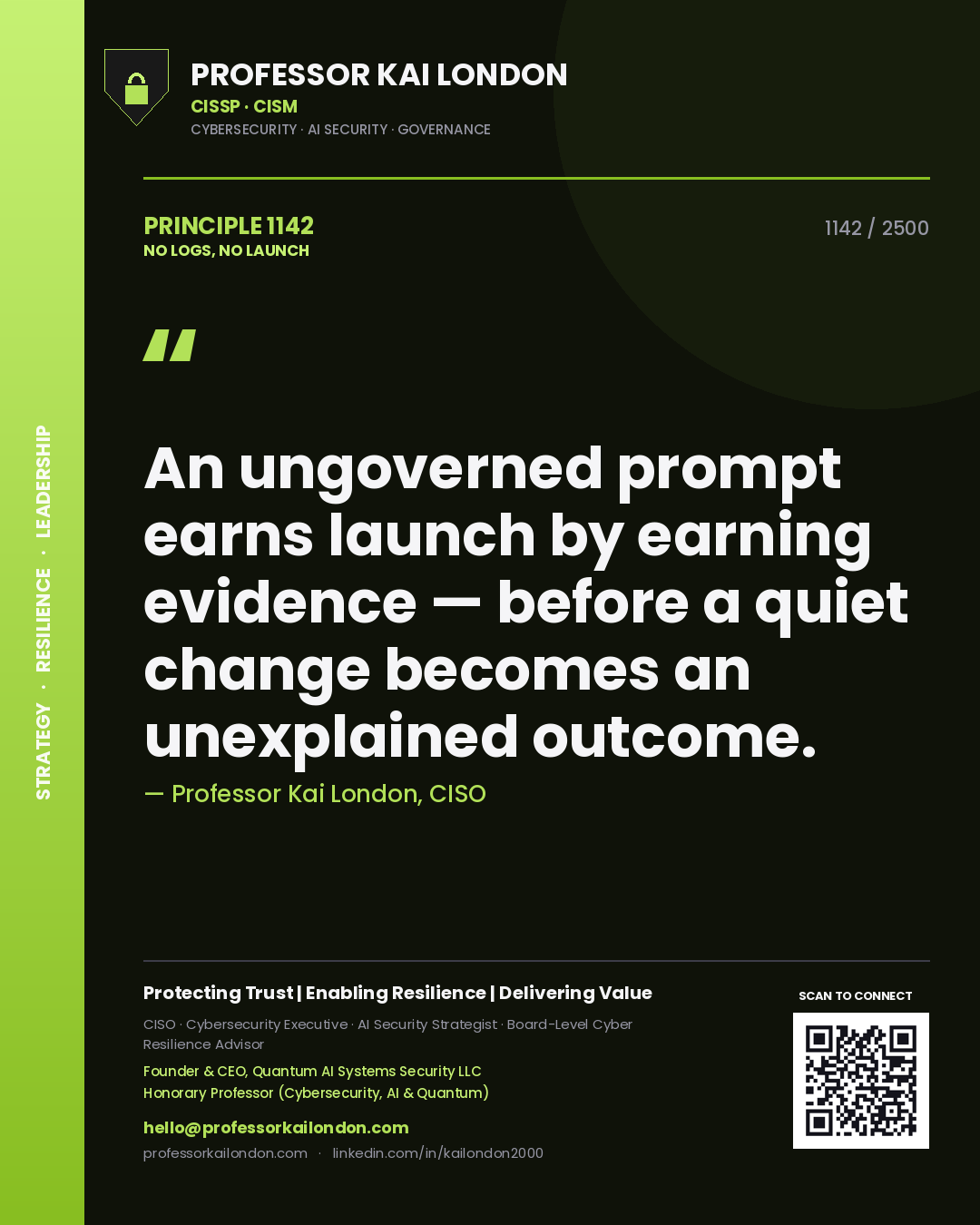Quote card by Professor Kai London reading 'An ungoverned prompt earns launch by earning evidence — before a quiet change becomes an unexplained outcome.'. From the book No Logs, No Launch.