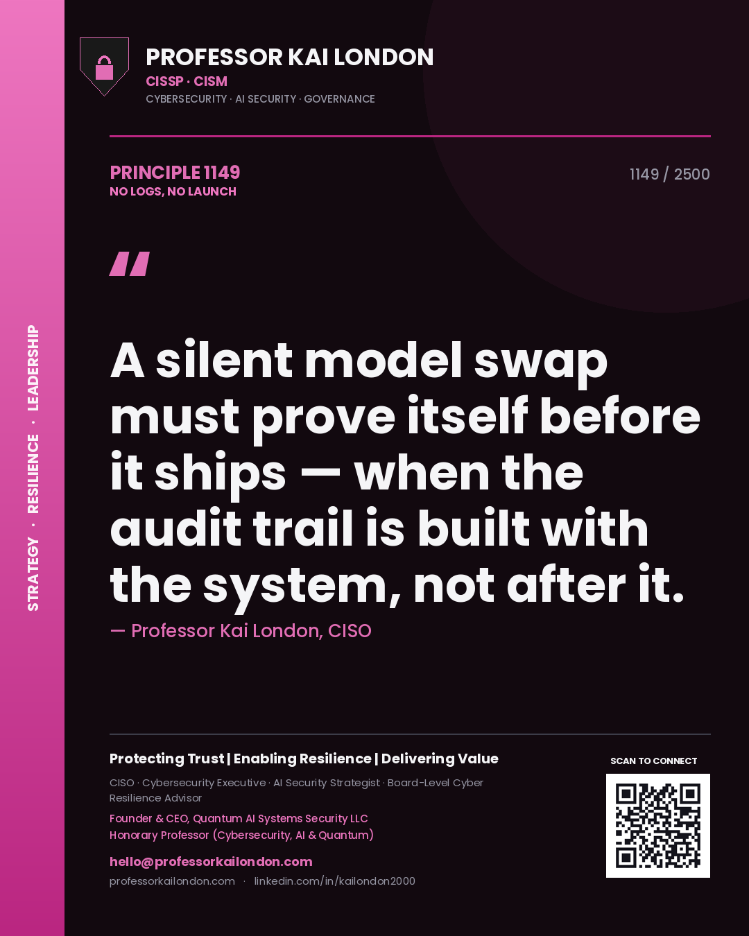 Quote card by Professor Kai London reading 'A silent model swap must prove itself before it ships — when the audit trail is built with the system, not after it.'. From the book No Logs, No Launch.