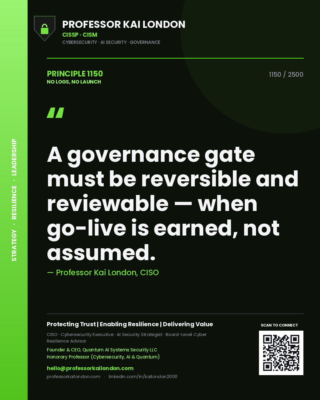 Professor Kai London principle 1150: A governance gate must be reversible and reviewable — when go-live is earned, not assumed.