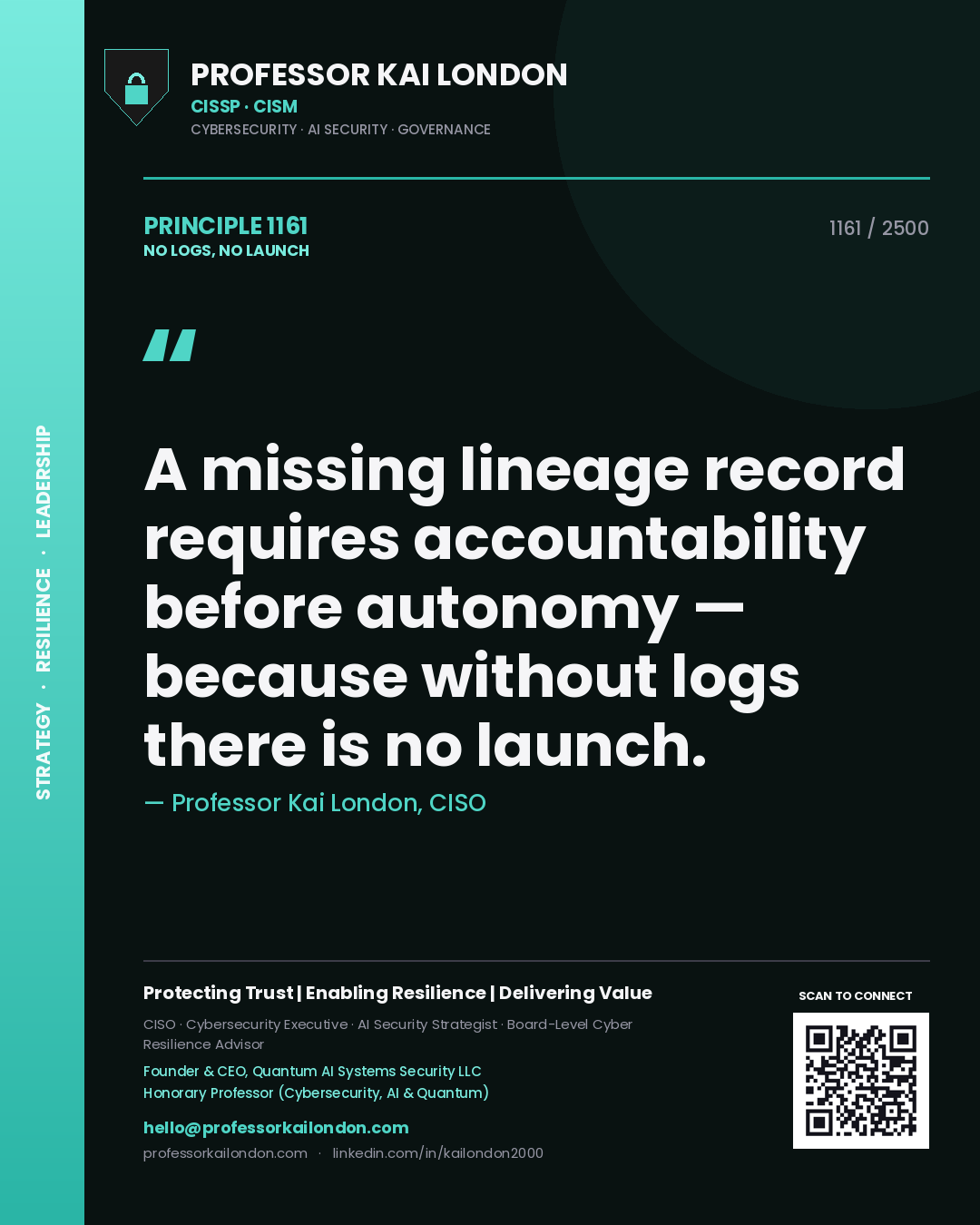 Quote card by Professor Kai London reading 'A missing lineage record requires accountability before autonomy — because without logs there is no launch.'. From the book No Logs, No Launch.