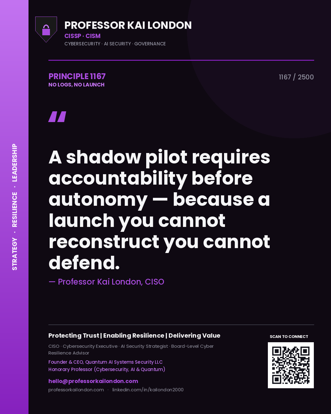 Professor Kai London principle 1167: A shadow pilot requires accountability before autonomy — because a launch you cannot reconstruct you cannot defend.