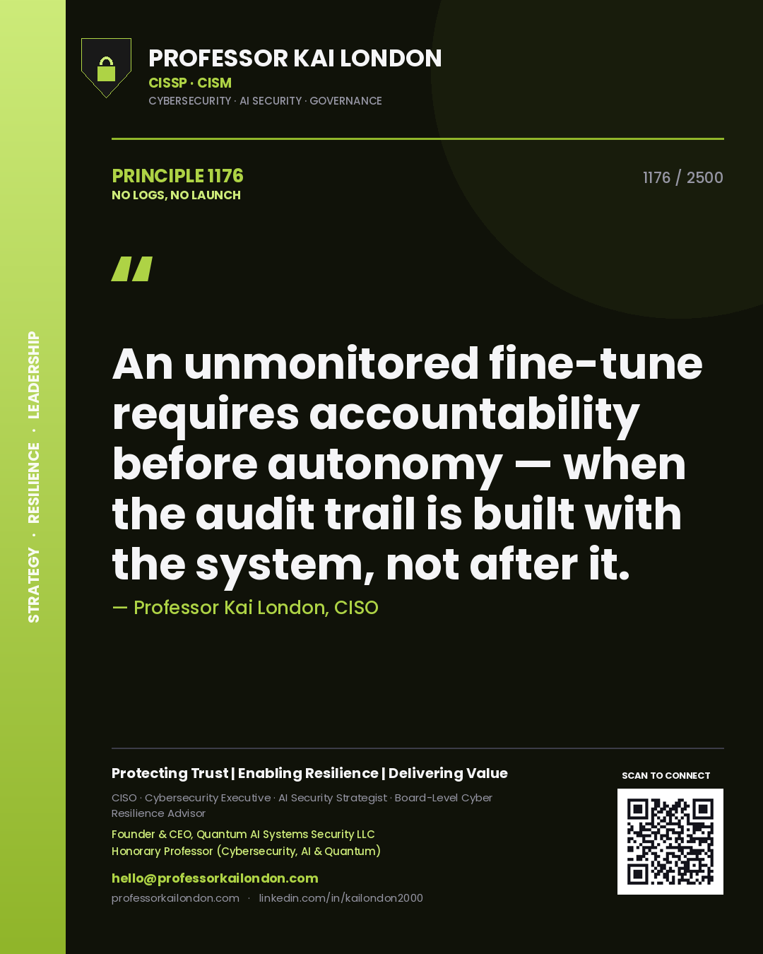 Professor Kai London principle 1176: An unmonitored fine-tune requires accountability before autonomy — when the audit trail is built with the system, not after it.