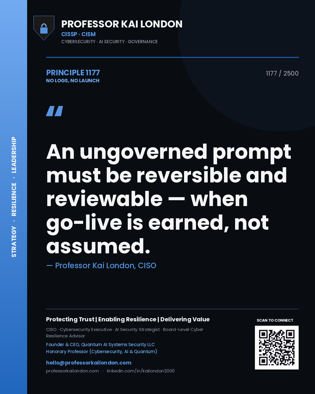 Professor Kai London principle 1177: An ungoverned prompt must be reversible and reviewable — when go-live is earned, not assumed.