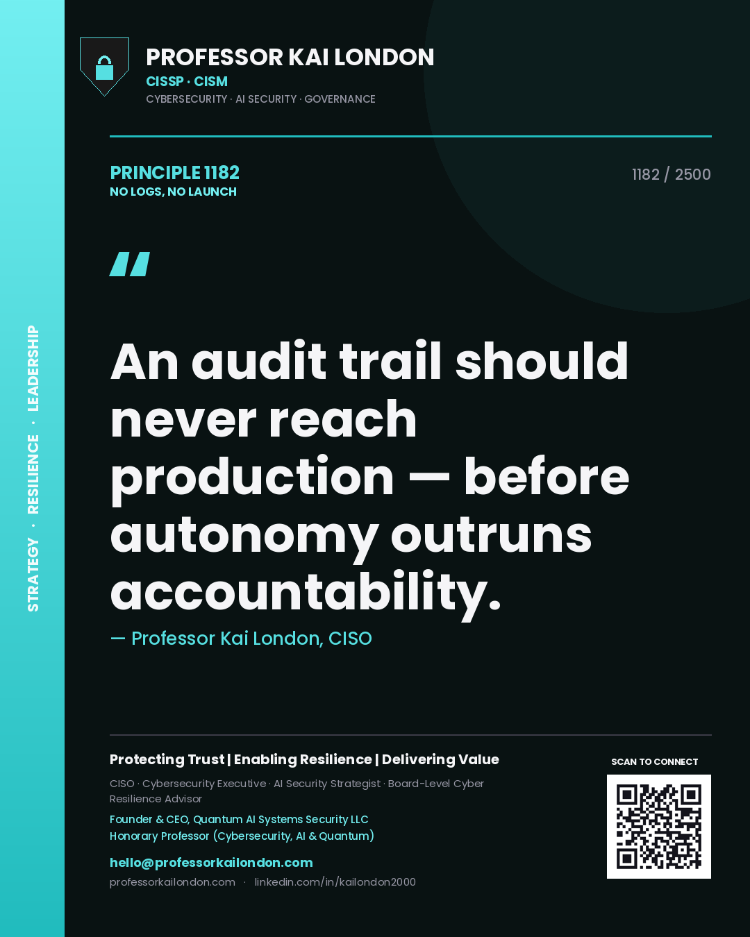 Professor Kai London principle 1182: An audit trail should never reach production — before autonomy outruns accountability.