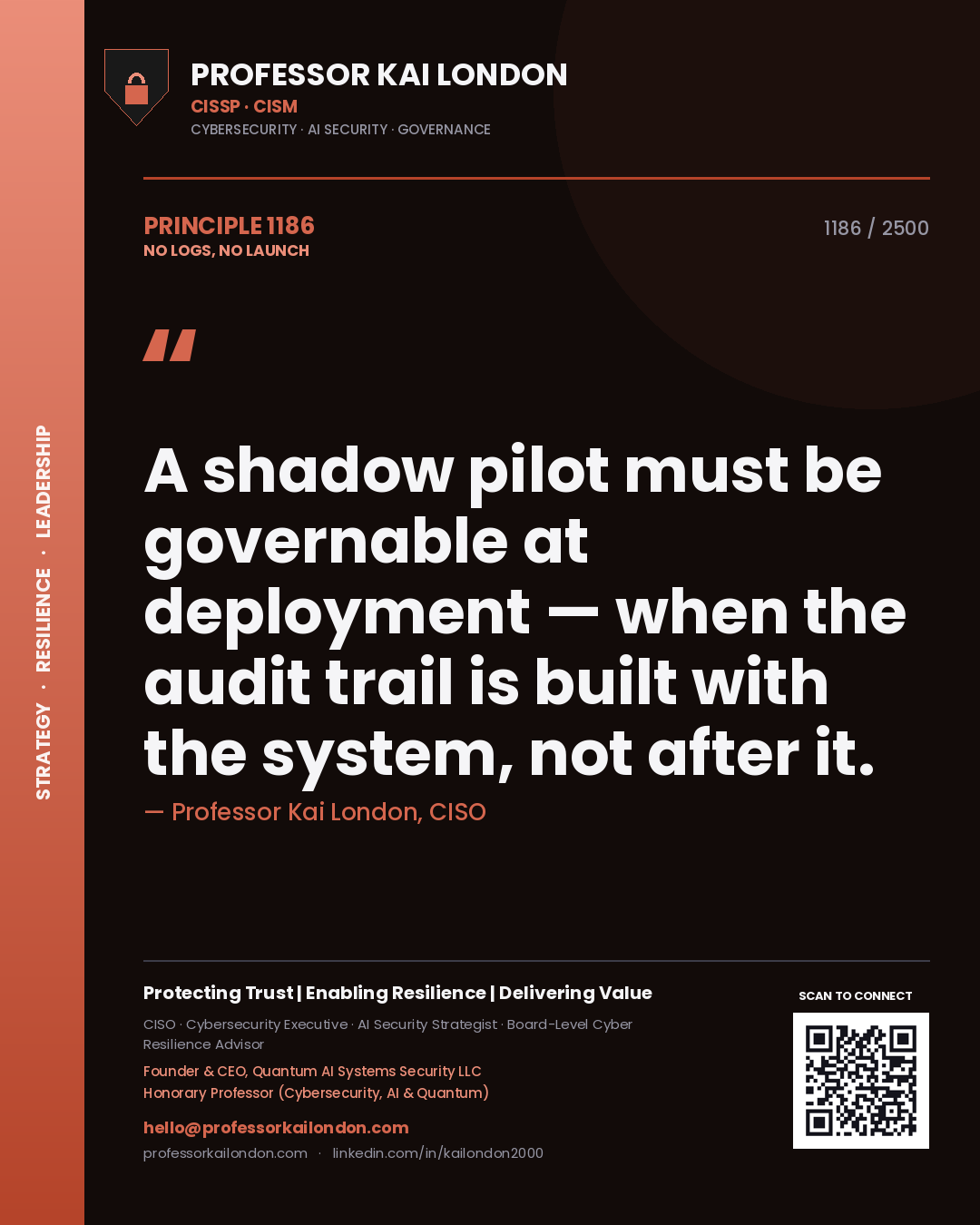 Quote card by Professor Kai London reading 'A shadow pilot must be governable at deployment — when the audit trail is built with the system, not after it.'. From the book No Logs, No Launch.