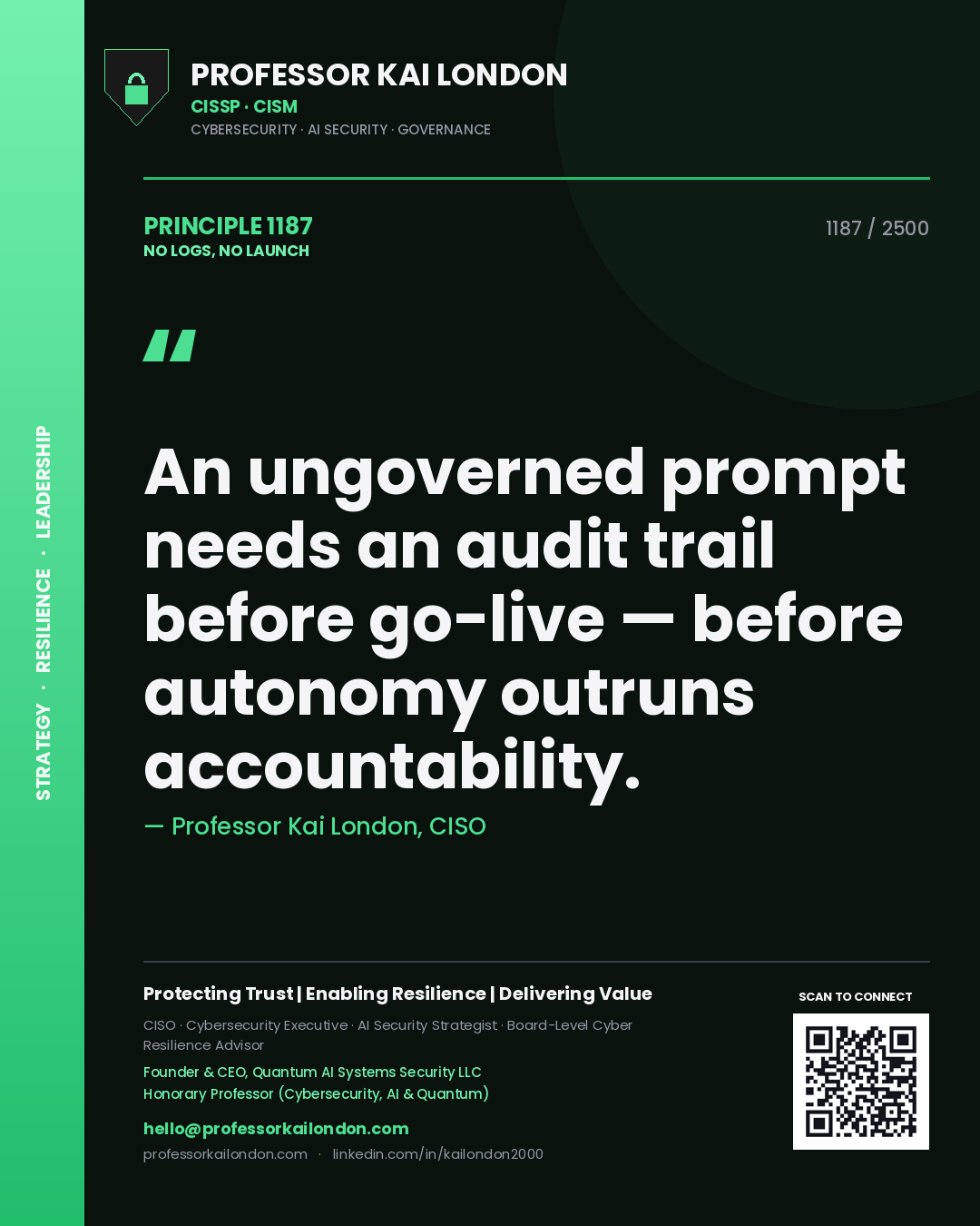 Professor Kai London principle 1187: An ungoverned prompt needs an audit trail before go-live — before autonomy outruns accountability.