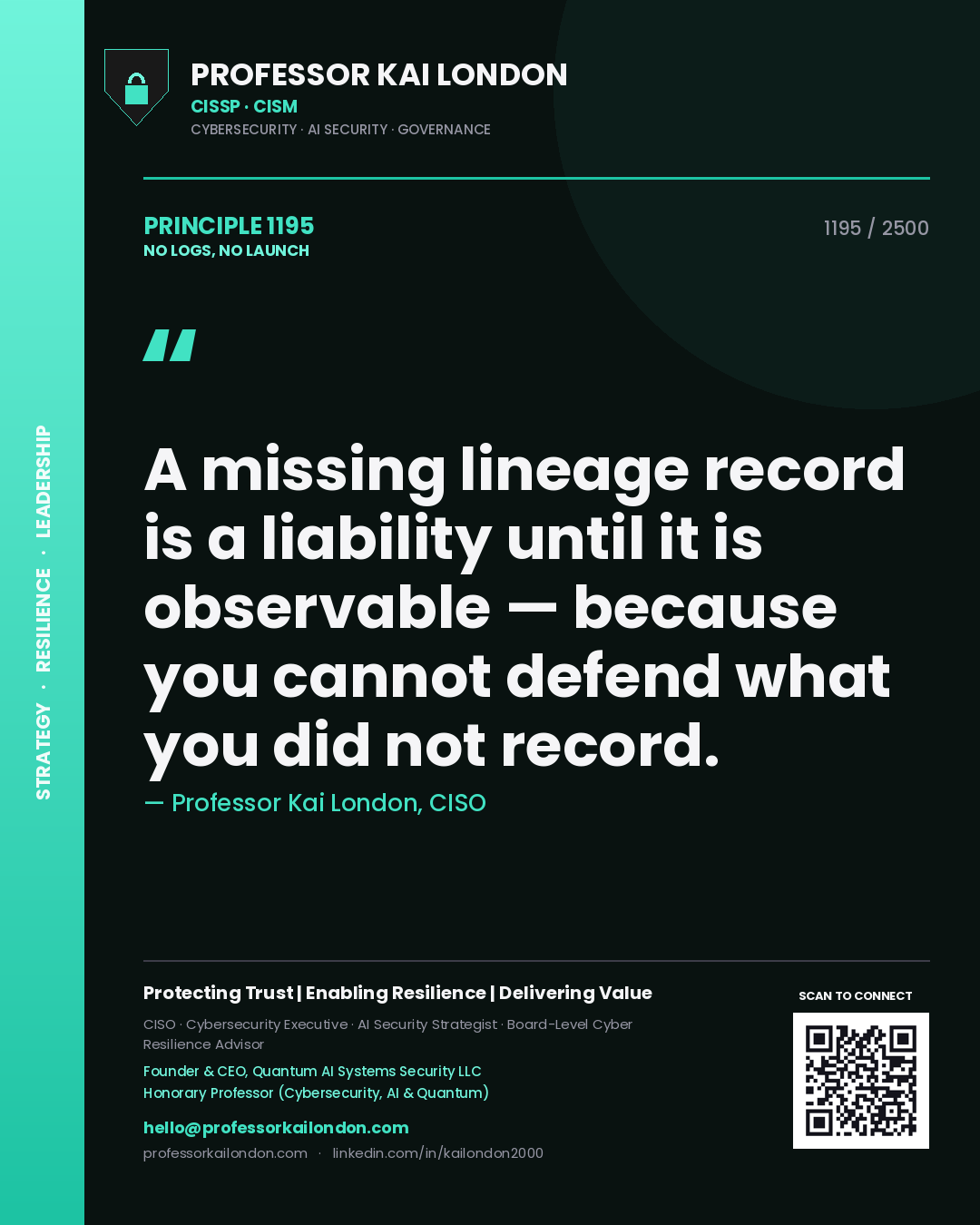 Quote card by Professor Kai London reading 'A missing lineage record is a liability until it is observable — because you cannot defend what you did not record.'. From the book No Logs, No Launch.
