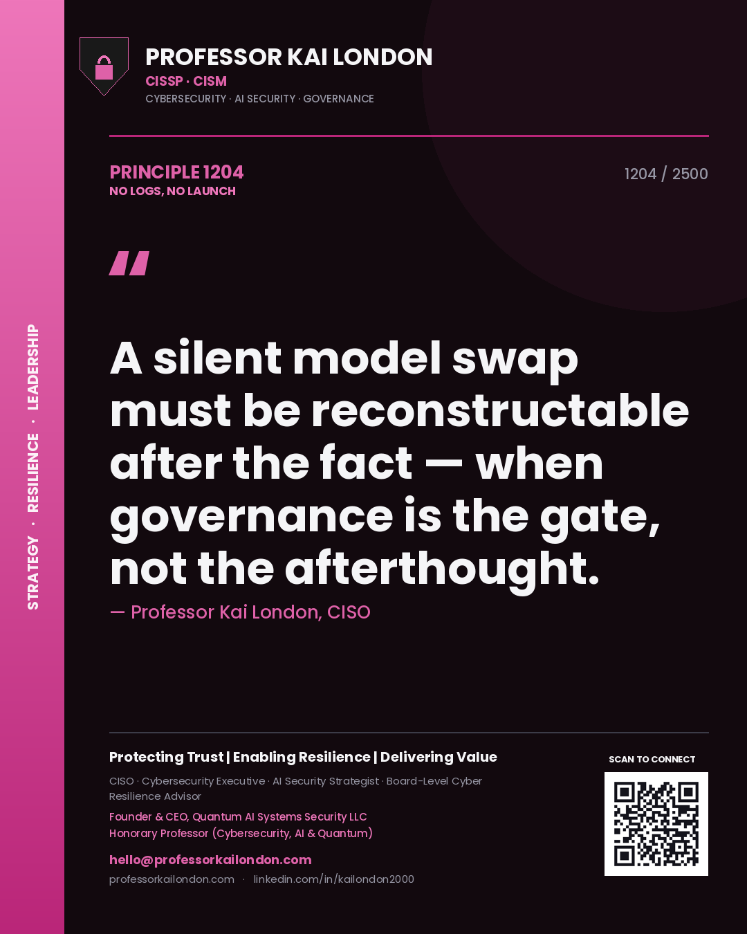 Quote card by Professor Kai London reading 'A silent model swap must be reconstructable after the fact — when governance is the gate, not the afterthought.'. From the book No Logs, No Launch.