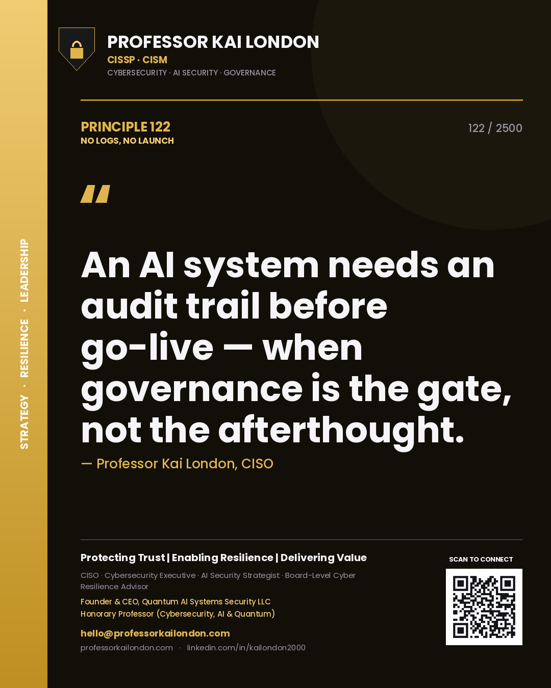 Professor Kai London principle 122: An AI system needs an audit trail before go-live — when governance is the gate, not the afterthought.