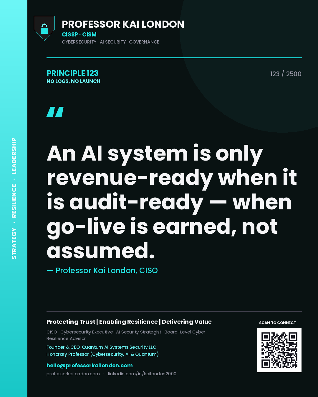 Professor Kai London principle 123: An AI system is only revenue-ready when it is audit-ready — when go-live is earned, not assumed.