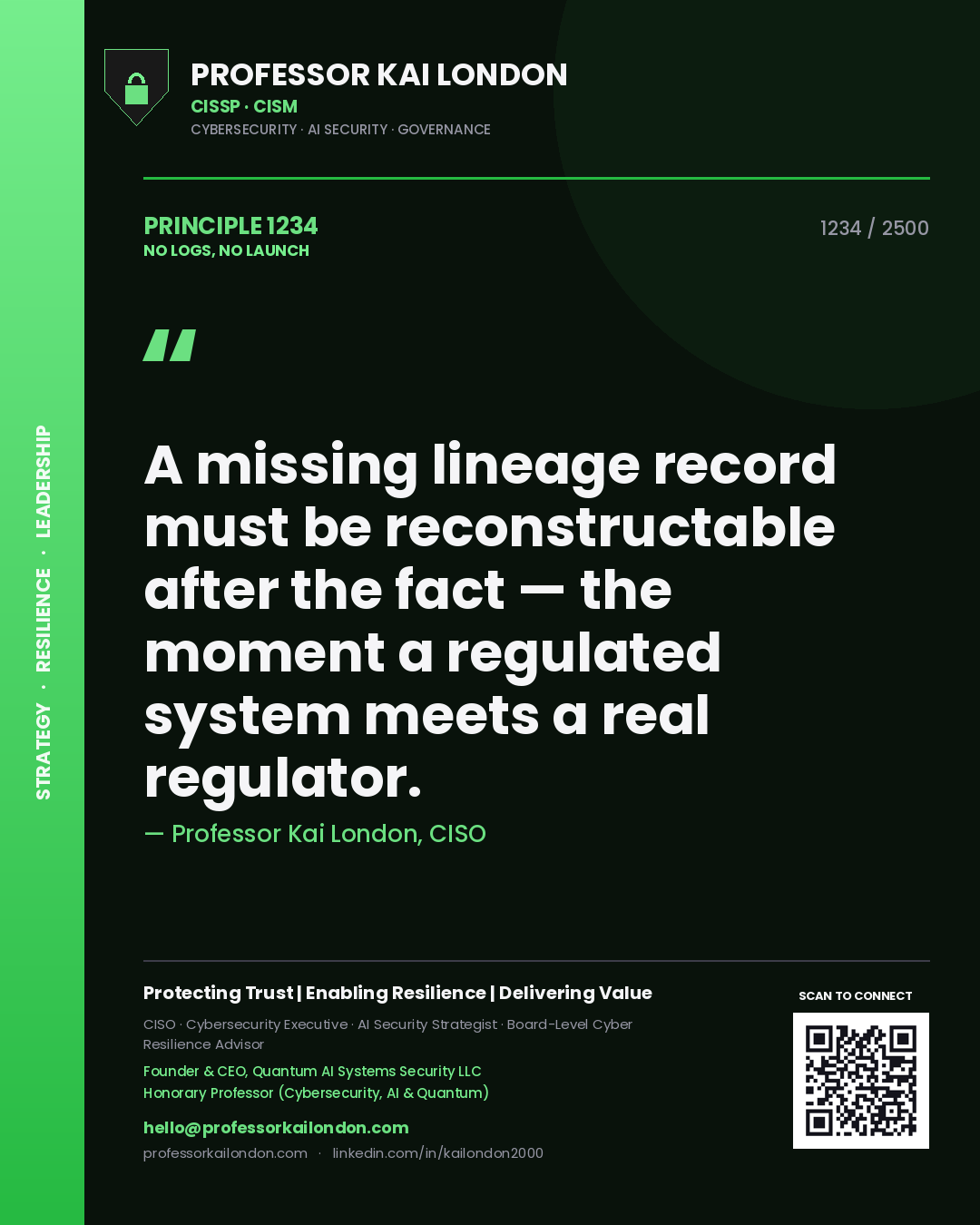 Professor Kai London principle 1234: A missing lineage record must be reconstructable after the fact — the moment a regulated system meets a real regulator.