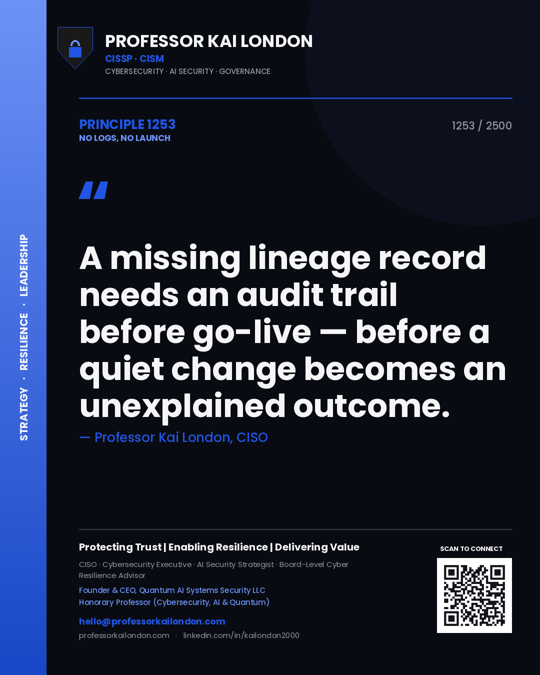 Professor Kai London principle 1253: A missing lineage record needs an audit trail before go-live — before a quiet change becomes an unexplained outcome.