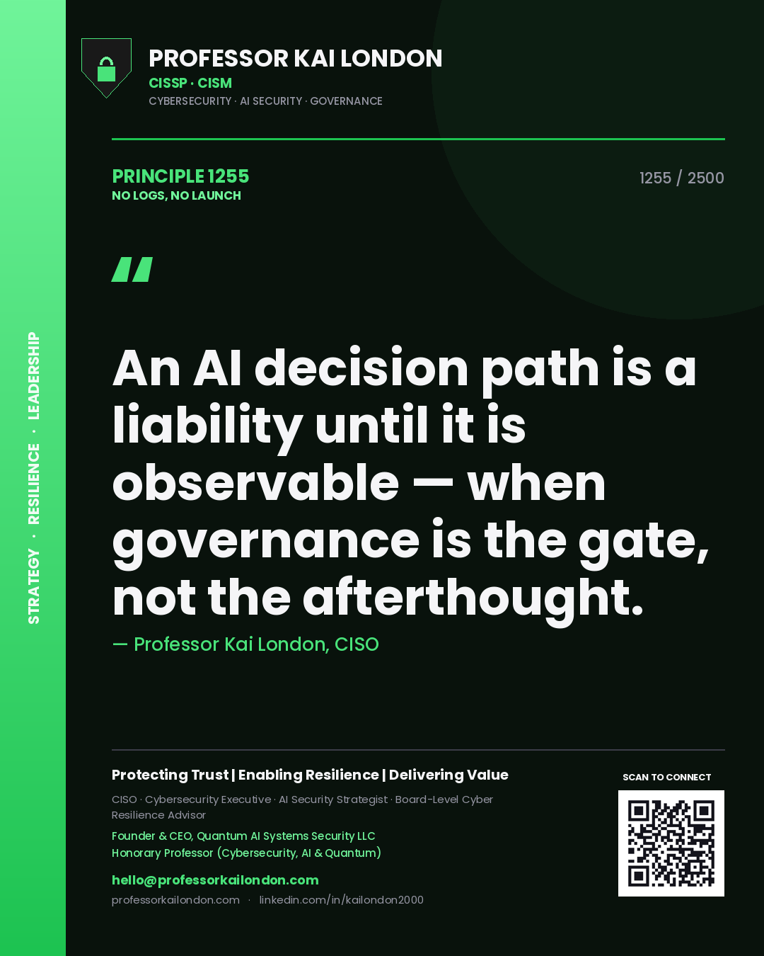 Professor Kai London principle 1255: An AI decision path is a liability until it is observable — when governance is the gate, not the afterthought.