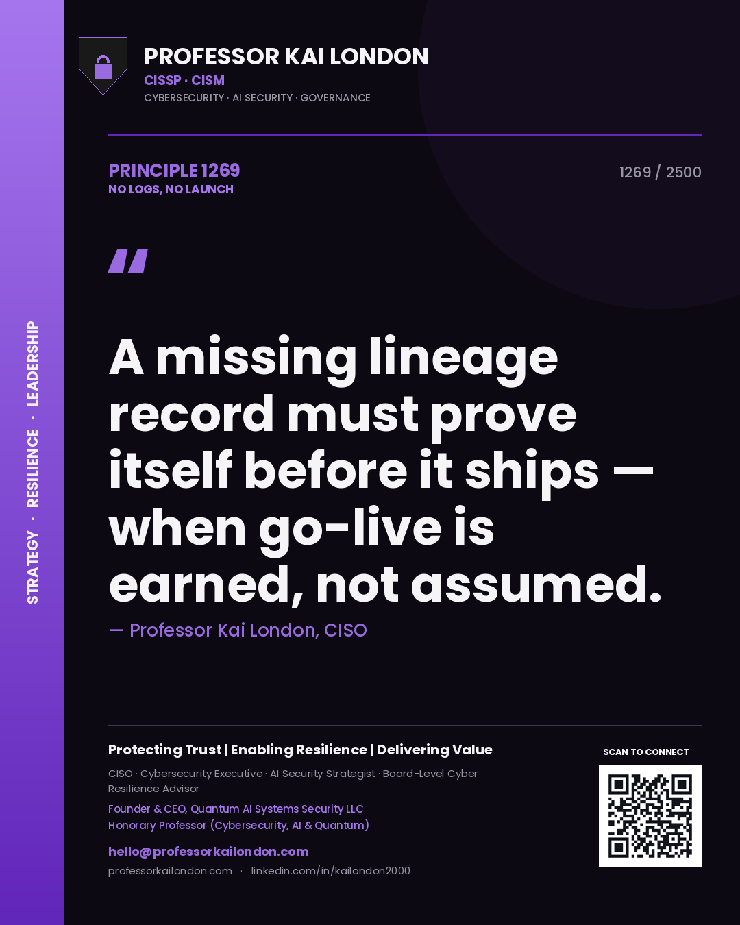Professor Kai London principle 1269: A missing lineage record must prove itself before it ships — when go-live is earned, not assumed.