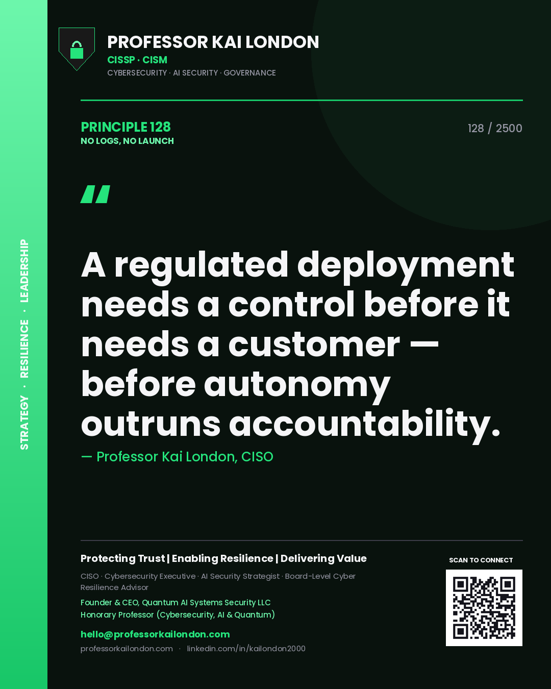 Quote card by Professor Kai London reading 'A regulated deployment needs a control before it needs a customer — before autonomy outruns accountability.'. From the book No Logs, No Launch.