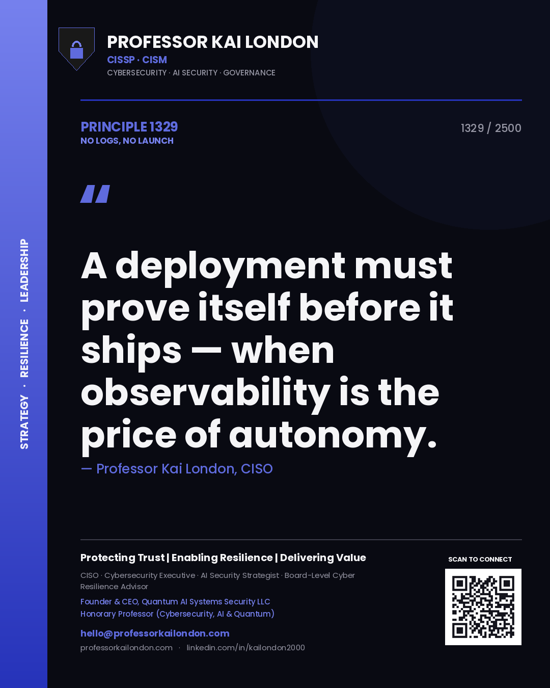 Professor Kai London principle 1329: A deployment must prove itself before it ships — when observability is the price of autonomy.