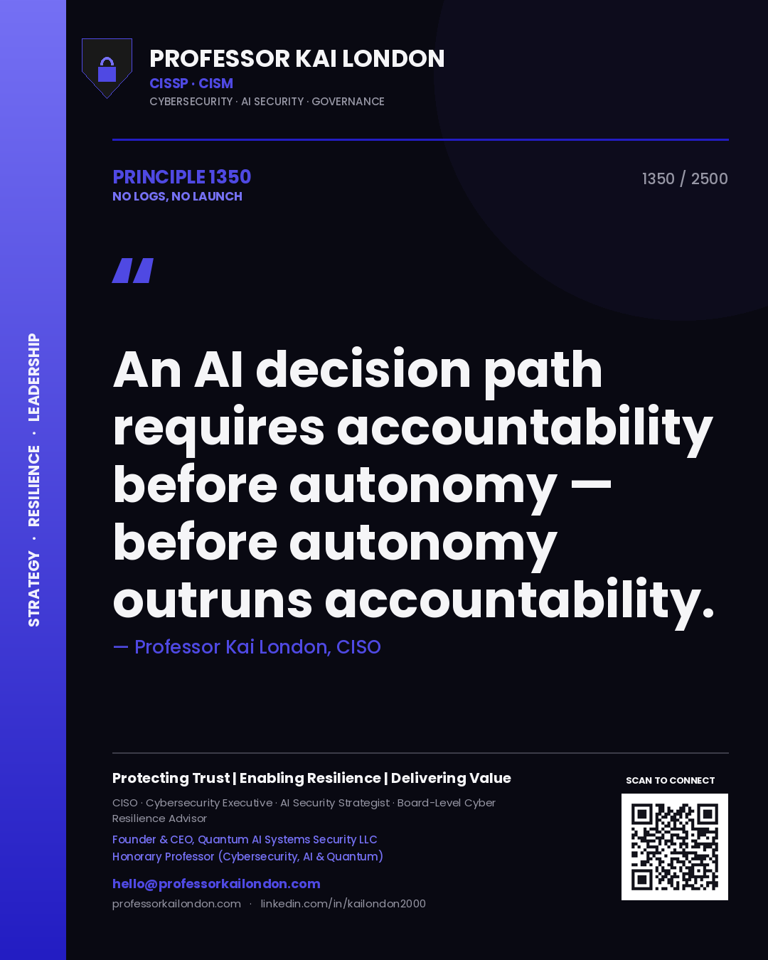 Professor Kai London principle 1350: An AI decision path requires accountability before autonomy — before autonomy outruns accountability.