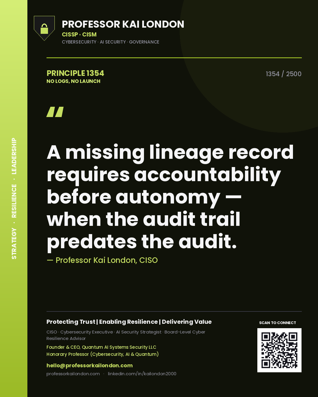 Quote card by Professor Kai London reading 'A missing lineage record requires accountability before autonomy — when the audit trail predates the audit.'. From the book No Logs, No Launch.