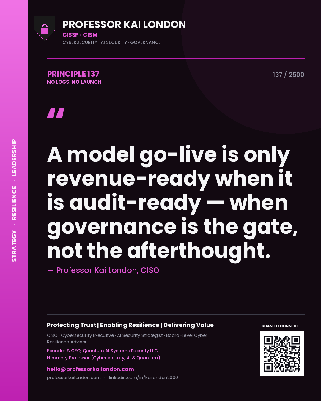 Quote card by Professor Kai London reading 'A model go-live is only revenue-ready when it is audit-ready — when governance is the gate, not the afterthought.'. From the book No Logs, No Launch.