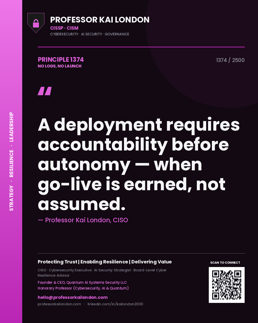 Quote card by Professor Kai London reading 'A deployment requires accountability before autonomy — when go-live is earned, not assumed.'. From the book No Logs, No Launch.