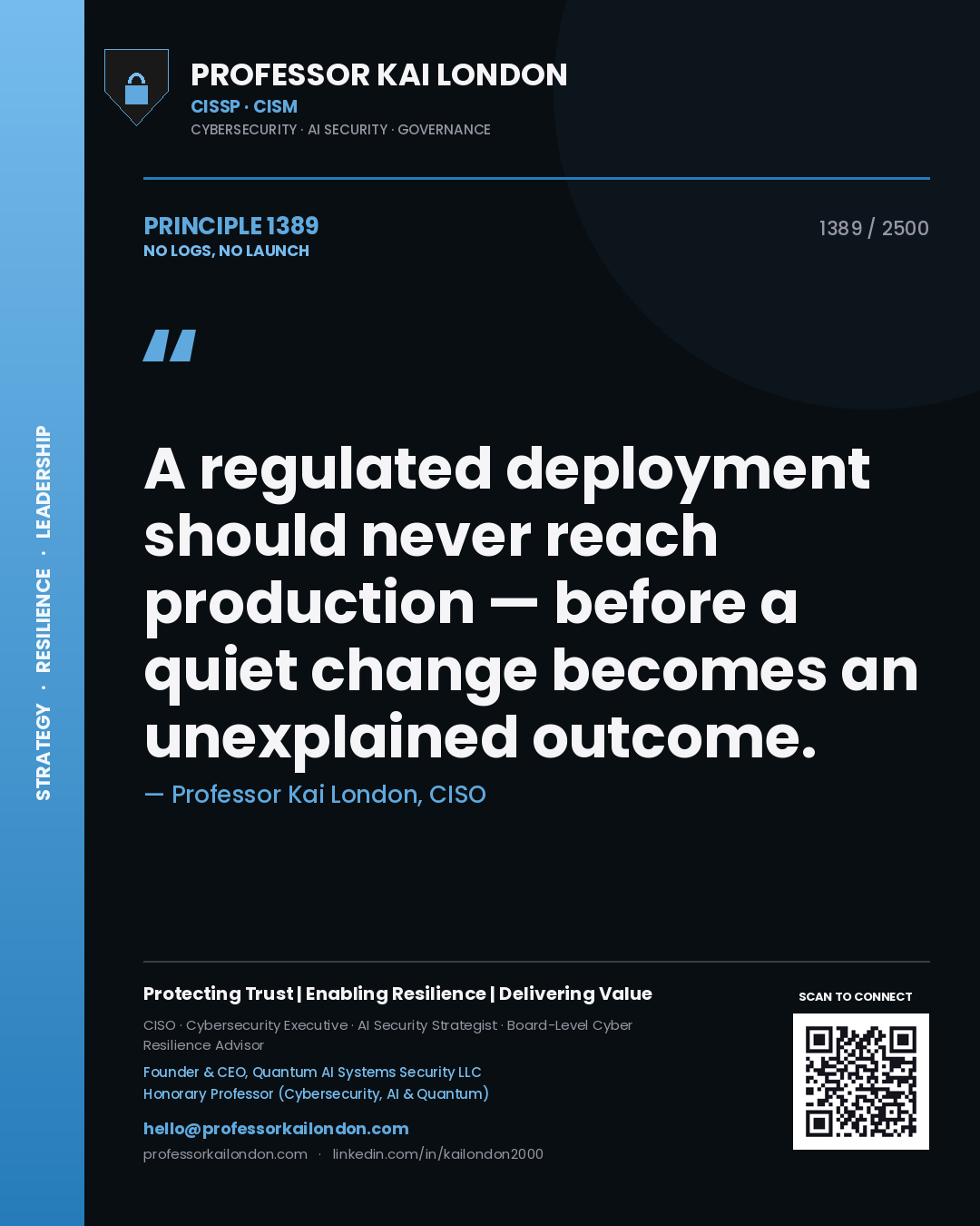 Professor Kai London principle 1389: A regulated deployment should never reach production — before a quiet change becomes an unexplained outcome.