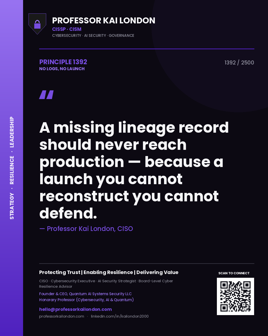 Professor Kai London principle 1392: A missing lineage record should never reach production — because a launch you cannot reconstruct you cannot defend.