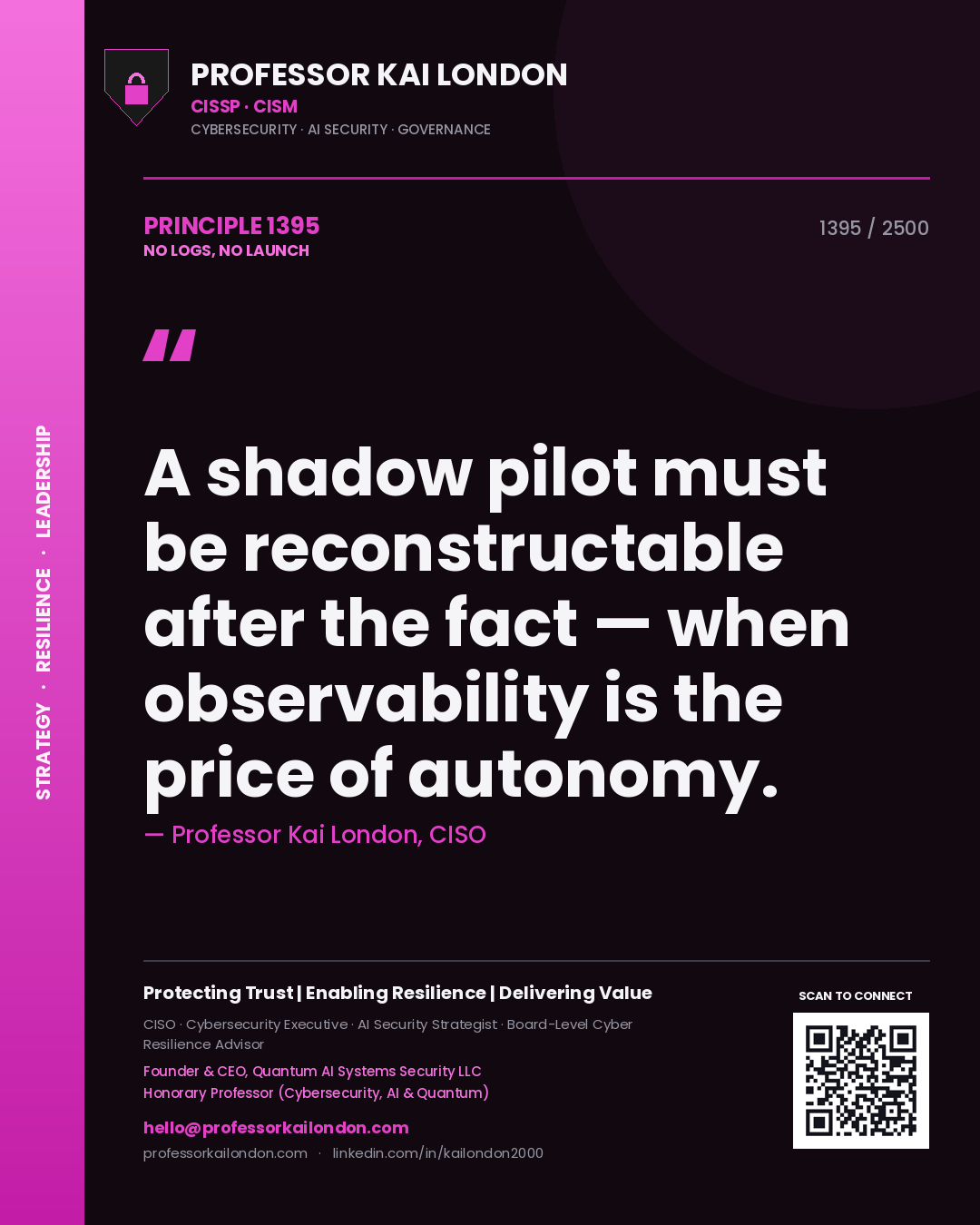 Quote card by Professor Kai London reading 'A shadow pilot must be reconstructable after the fact — when observability is the price of autonomy.'. From the book No Logs, No Launch.
