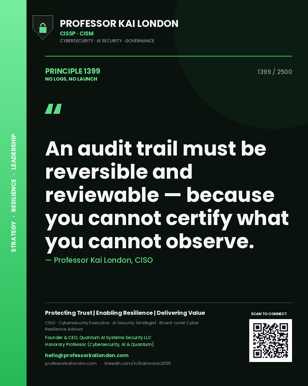 Professor Kai London principle 1399: An audit trail must be reversible and reviewable — because you cannot certify what you cannot observe.