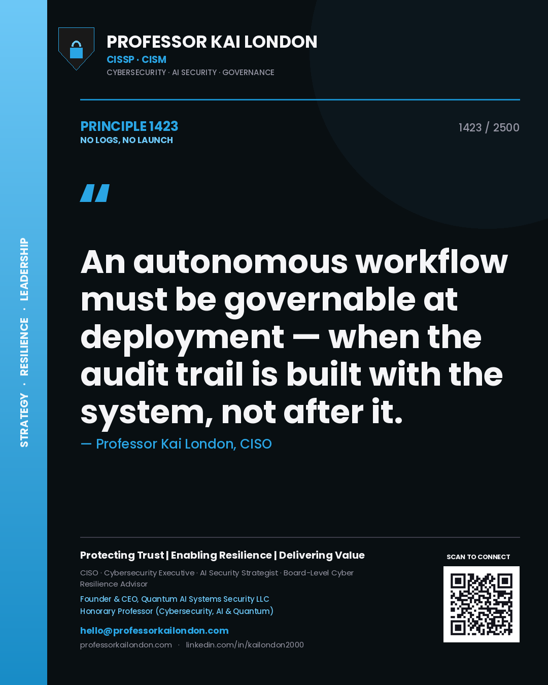 Quote card by Professor Kai London reading 'An autonomous workflow must be governable at deployment — when the audit trail is built with the system, not after it.'. From the book No Logs, No Launch.