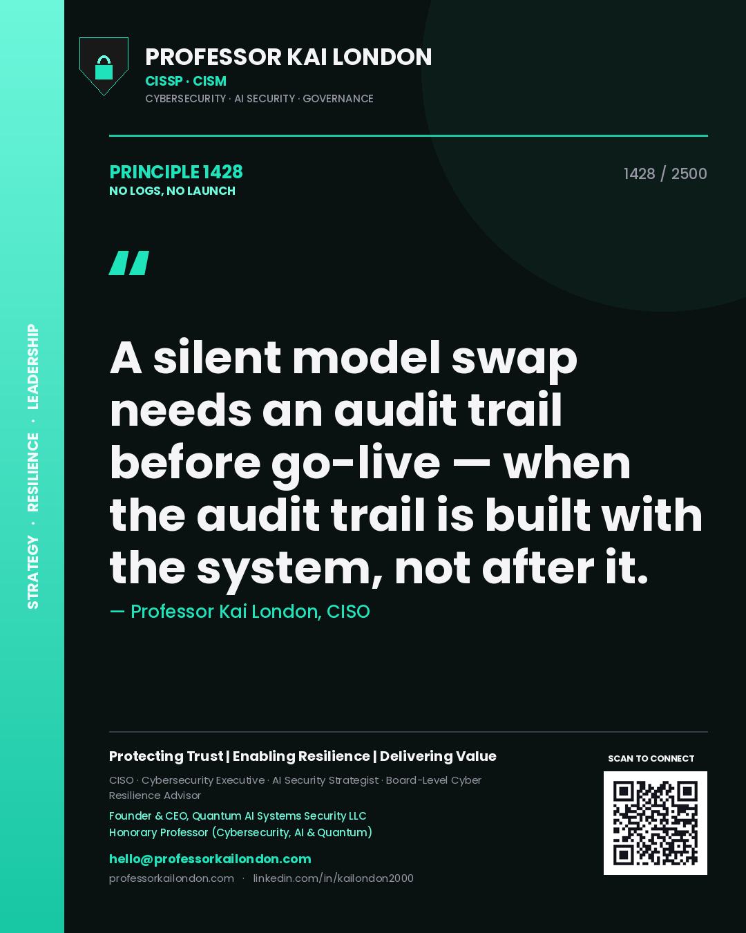 Professor Kai London principle 1428: A silent model swap needs an audit trail before go-live — when the audit trail is built with the system, not after it.