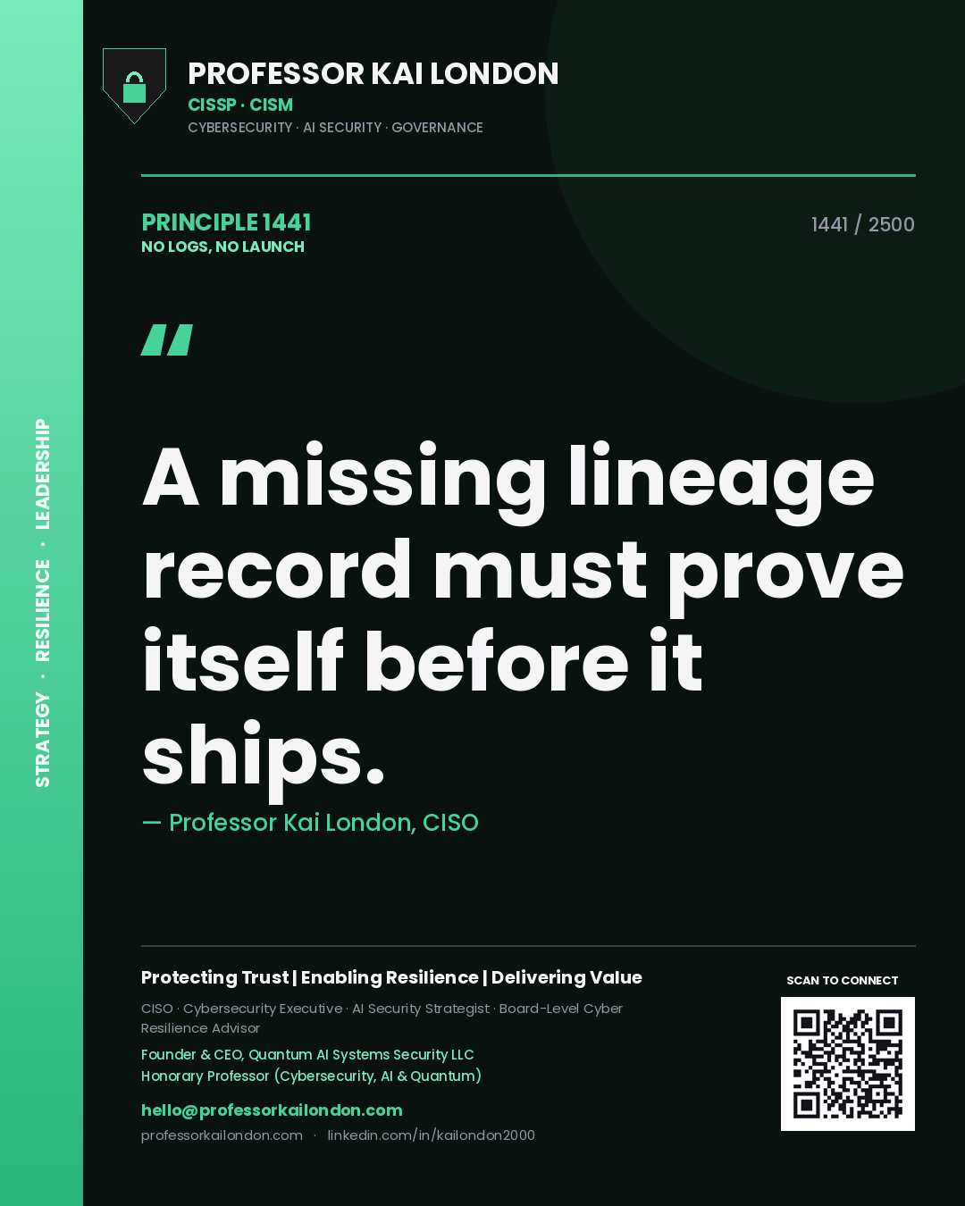 Professor Kai London principle 1441: A missing lineage record must prove itself before it ships.
