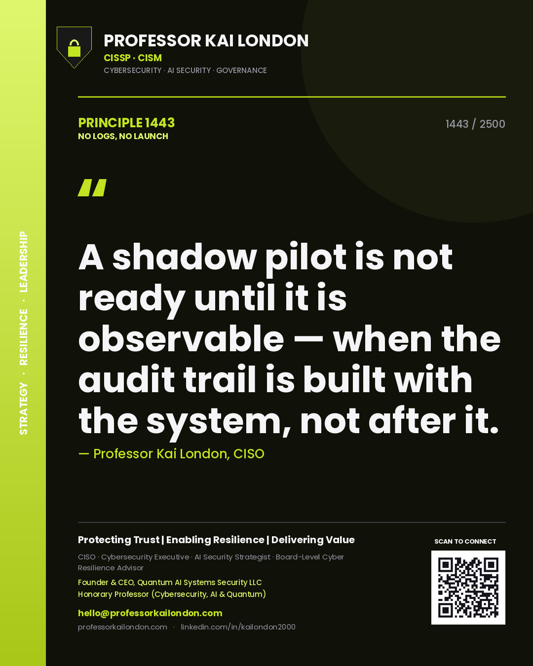 Quote card by Professor Kai London reading 'A shadow pilot is not ready until it is observable — when the audit trail is built with the system, not after it.'. From the book No Logs, No Launch.