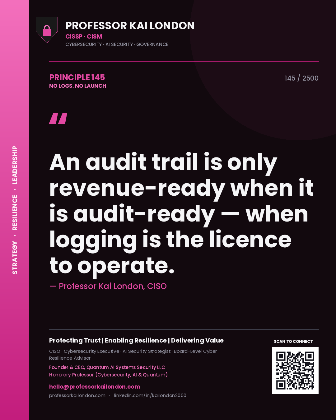 Professor Kai London principle 145: An audit trail is only revenue-ready when it is audit-ready — when logging is the licence to operate.