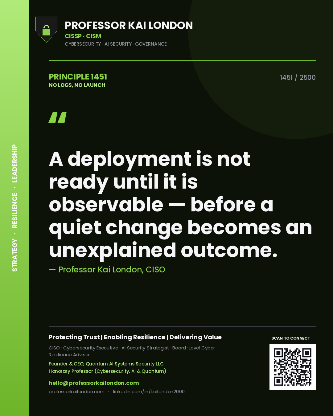 Quote card by Professor Kai London reading 'A deployment is not ready until it is observable — before a quiet change becomes an unexplained outcome.'. From the book No Logs, No Launch.