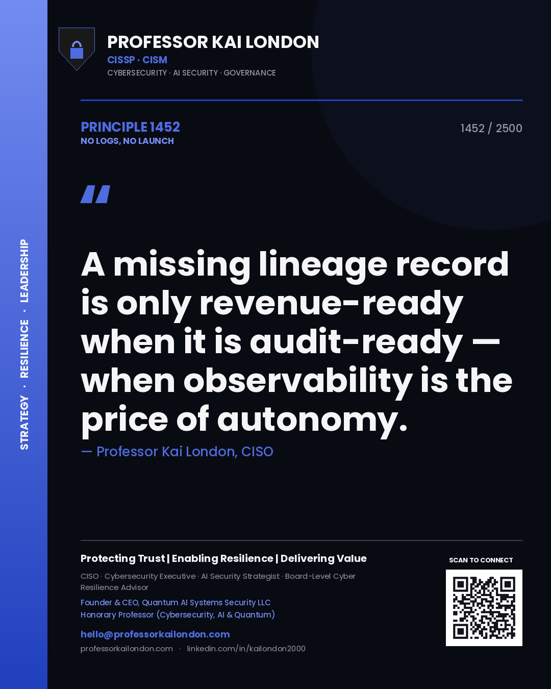 Quote card by Professor Kai London reading 'A missing lineage record is only revenue-ready when it is audit-ready — when observability is the price of autonomy.'. From the book No Logs, No Launch.