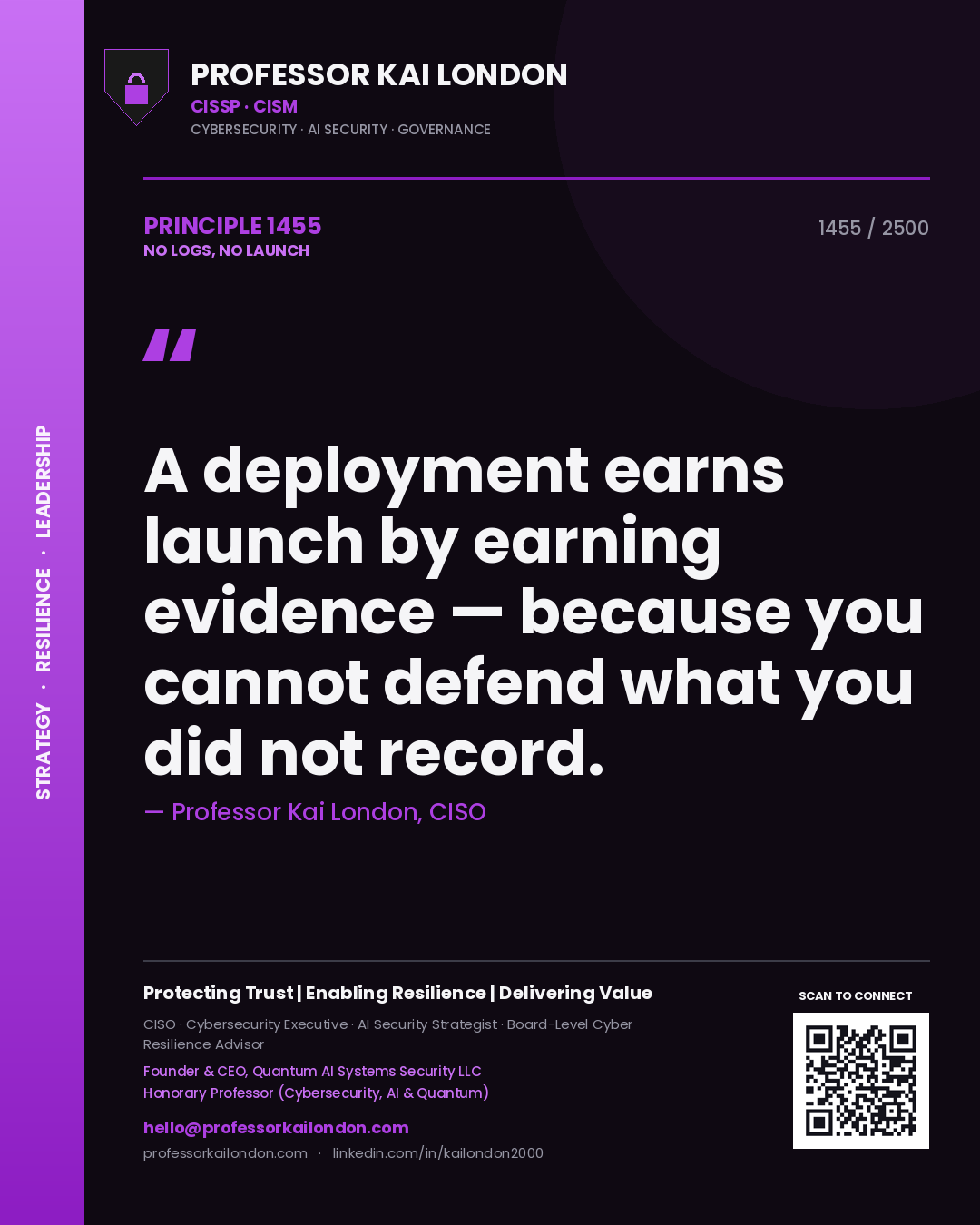 Professor Kai London principle 1455: A deployment earns launch by earning evidence — because you cannot defend what you did not record.
