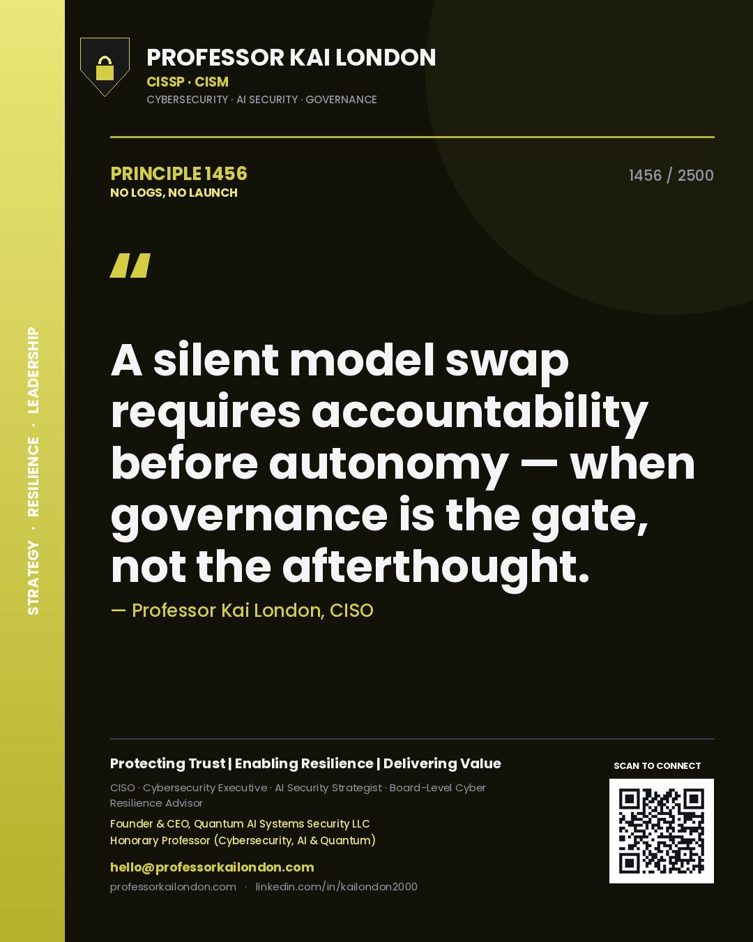Quote card by Professor Kai London reading 'A silent model swap requires accountability before autonomy — when governance is the gate, not the afterthought.'. From the book No Logs, No Launch.
