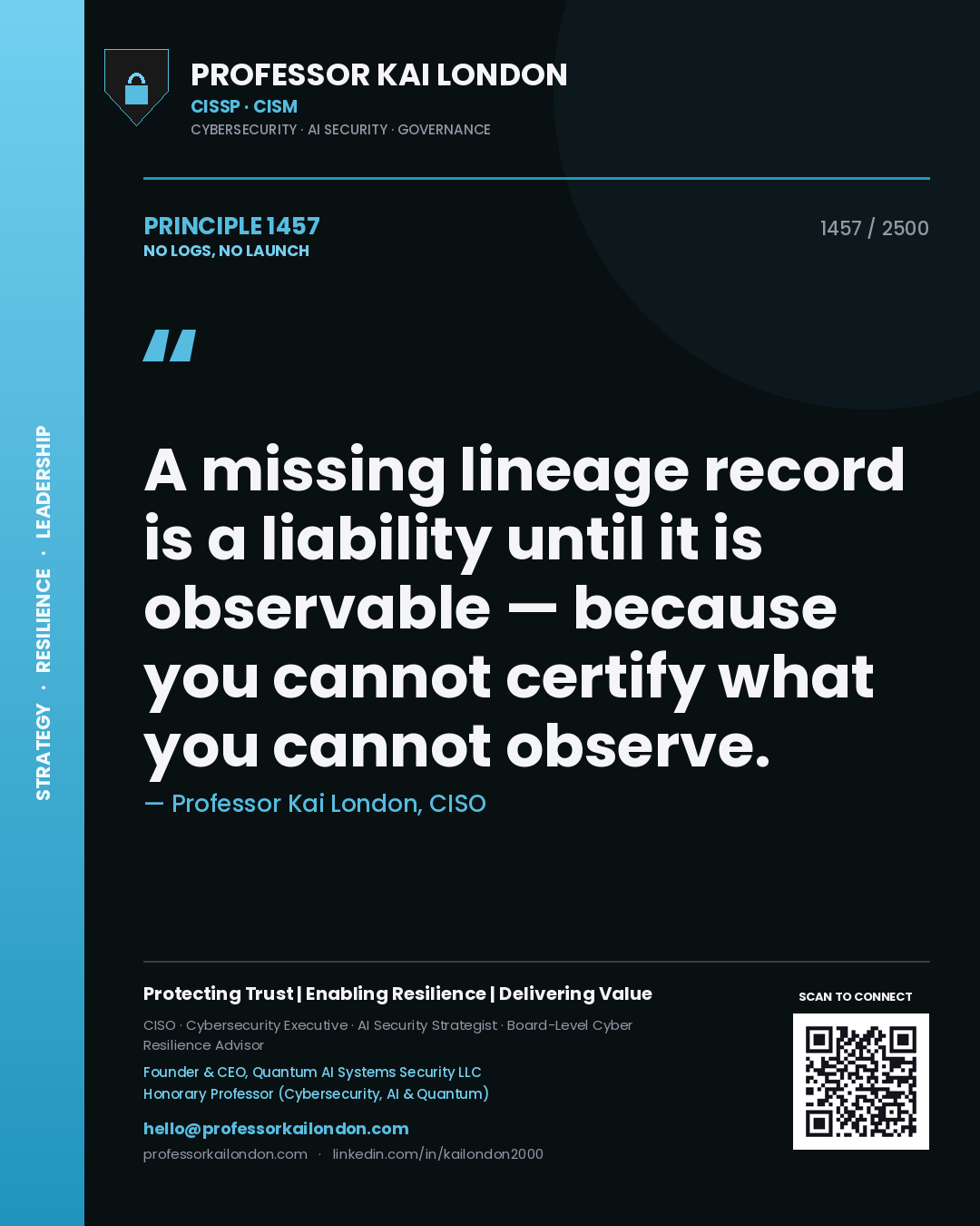Professor Kai London principle 1457: A missing lineage record is a liability until it is observable — because you cannot certify what you cannot observe.