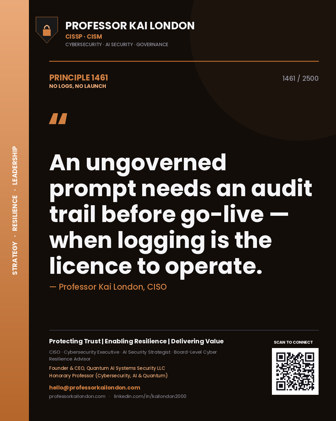 Quote card by Professor Kai London reading 'An ungoverned prompt needs an audit trail before go-live — when logging is the licence to operate.'. From the book No Logs, No Launch.