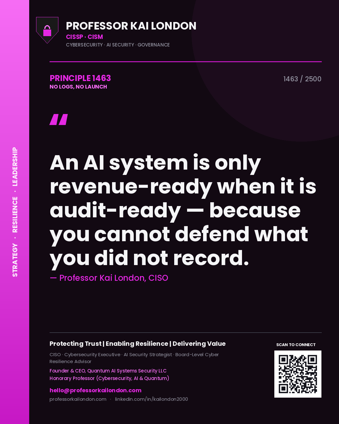 Professor Kai London principle 1463: An AI system is only revenue-ready when it is audit-ready — because you cannot defend what you did not record.