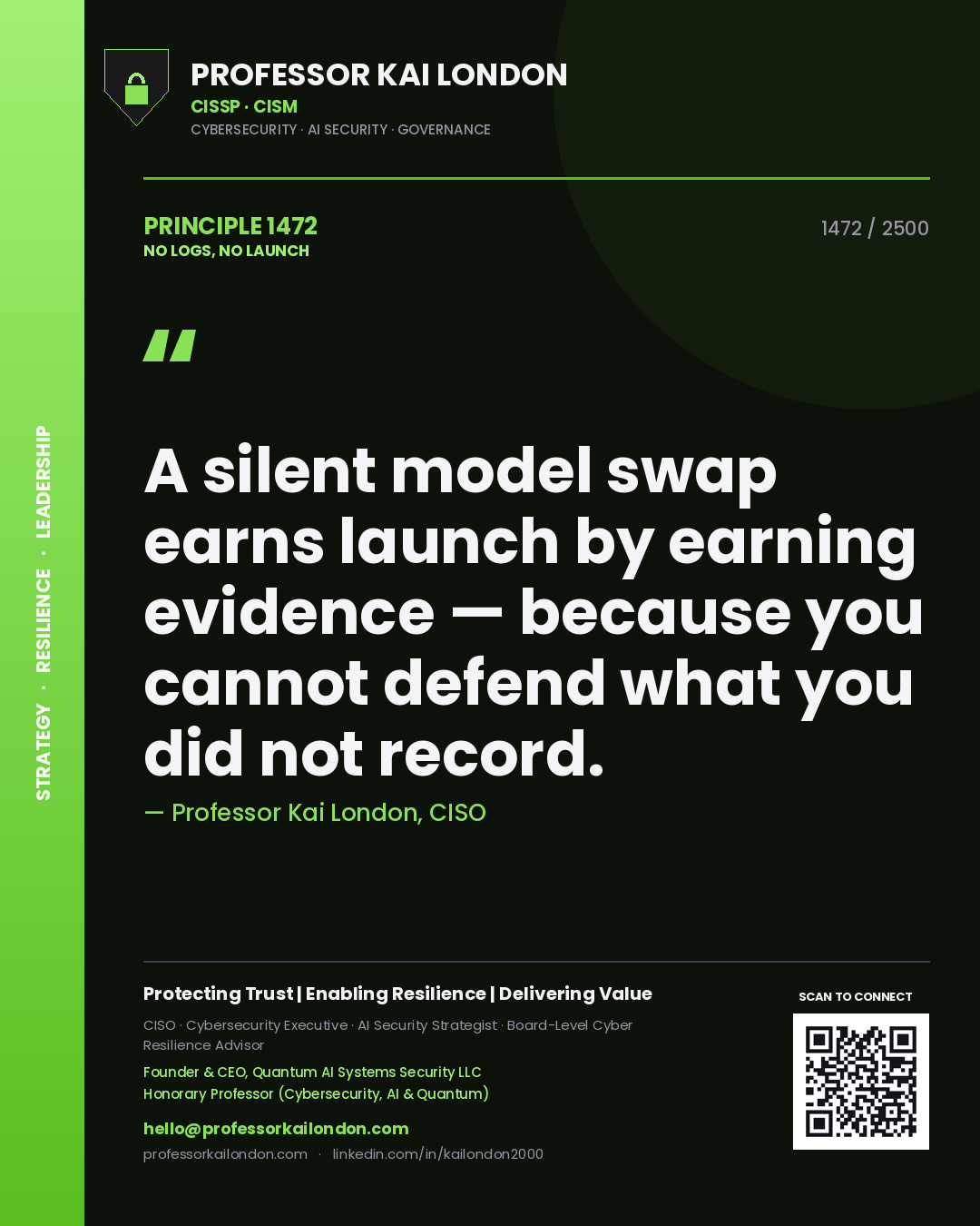 Professor Kai London principle 1472: A silent model swap earns launch by earning evidence — because you cannot defend what you did not record.