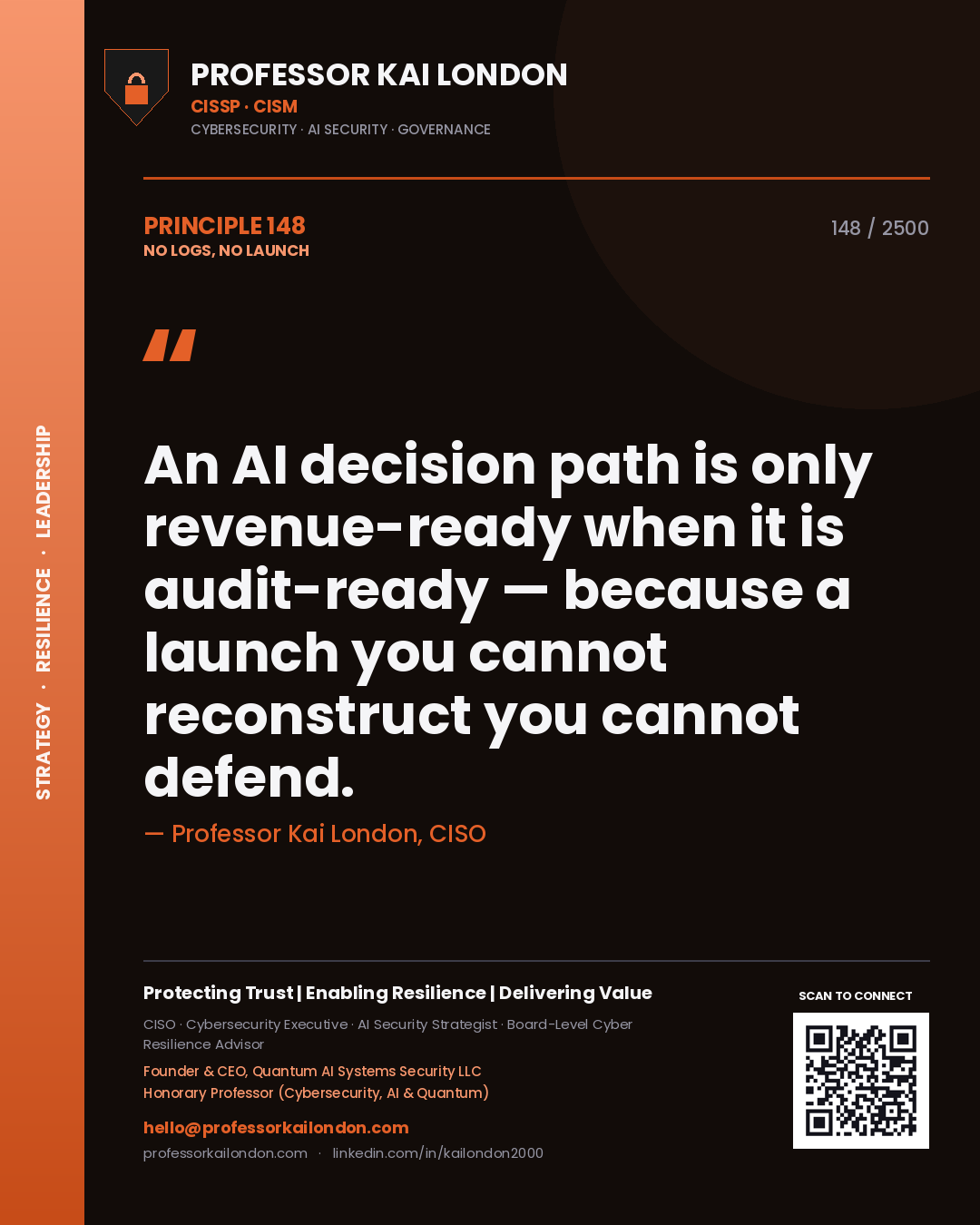 Quote card by Professor Kai London reading 'An AI decision path is only revenue-ready when it is audit-ready — because a launch you cannot reconstruct you cannot defend.'. From the book No Logs, No Launch.