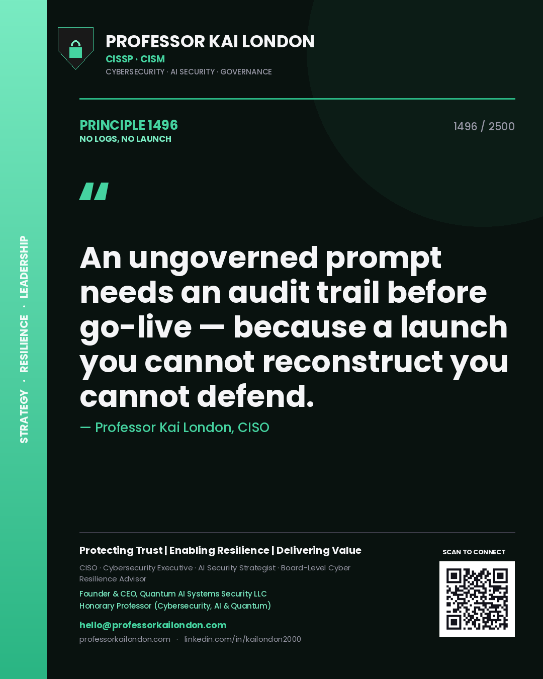 Quote card by Professor Kai London reading 'An ungoverned prompt needs an audit trail before go-live — because a launch you cannot reconstruct you cannot defend.'. From the book No Logs, No Launch.