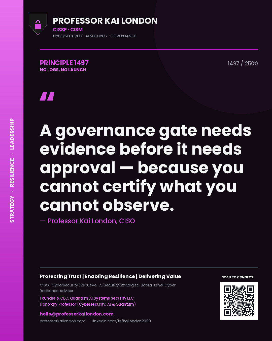 Professor Kai London principle 1497: A governance gate needs evidence before it needs approval — because you cannot certify what you cannot observe.