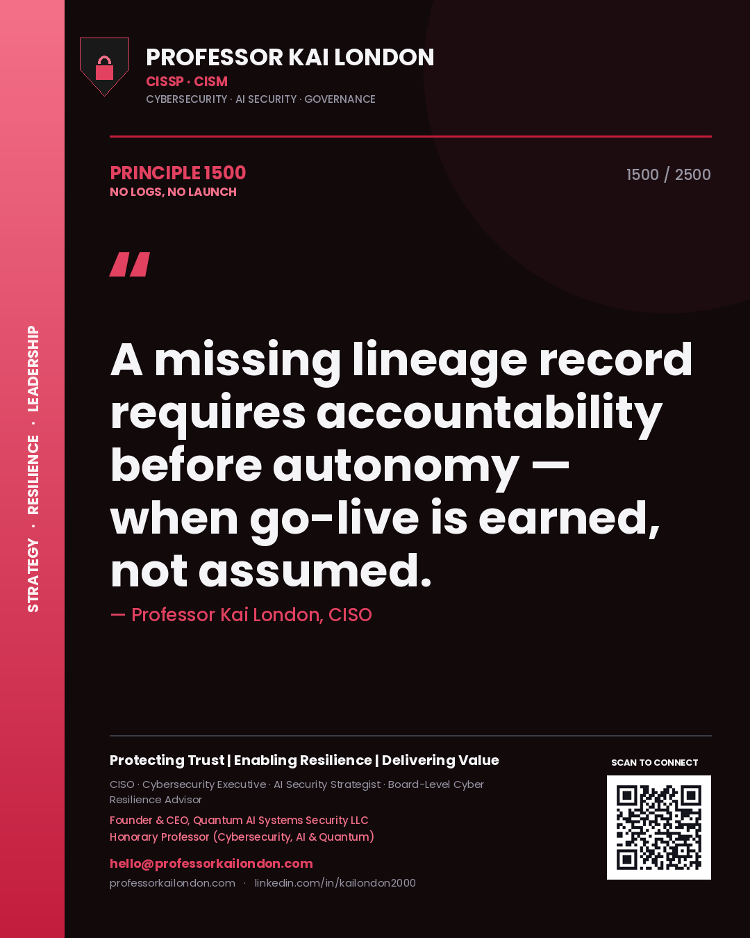 Quote card by Professor Kai London reading 'A missing lineage record requires accountability before autonomy — when go-live is earned, not assumed.'. From the book No Logs, No Launch.
