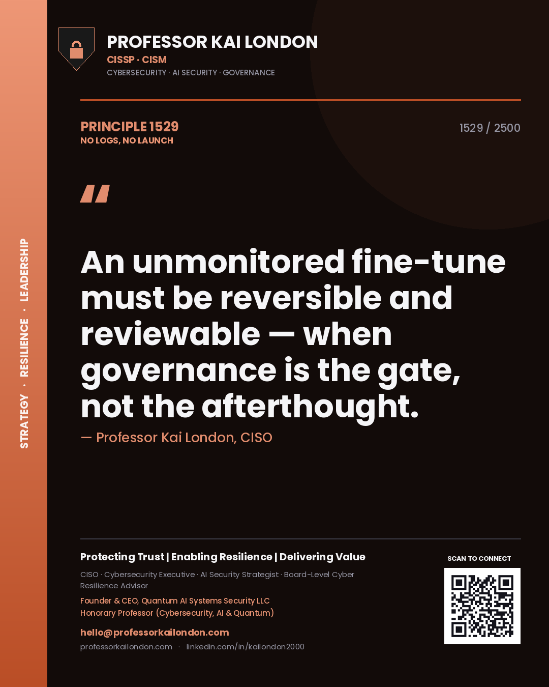 Quote card by Professor Kai London reading 'An unmonitored fine-tune must be reversible and reviewable — when governance is the gate, not the afterthought.'. From the book No Logs, No Launch.